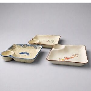 Artisan Japanese Ceramic Dipping Plates Cream Blue Bird Fish Set 3 - 7" Wide